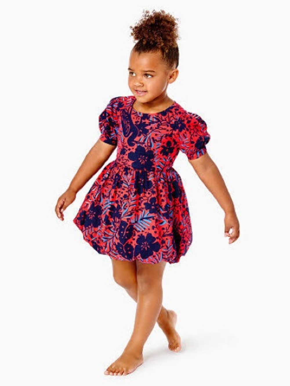 Lilly Pulitzer Red Floral Puff-Sleeve Dress with Navy Accents